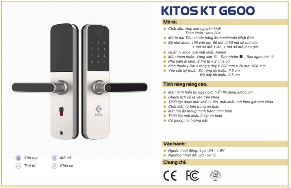 thông số kỹ thuật khóa vân tay Kitos G600